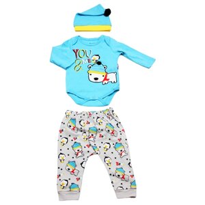 Комплект одежды Miniworld детский, шапка и брюки и боди, пояс на резинке, манжеты, размер 68, голубой