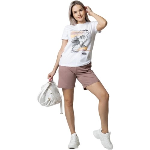 Костюм Elena Tex, футболка и шорты, повседневный стиль, свободный силуэт, карманы, пояс на резинке, размер 60, коричневый, белый