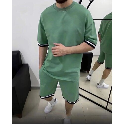 Костюм , футболка и шорты, силуэт свободный, карманы, размер 54, зеленый