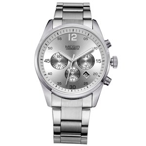 Наручные часы Megir Часы наручные мужские кварцевые Megir с хронографом влагостойкие, серебряный