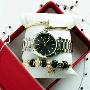 Наручные часы Подарочный набор женские наручные часы с двумя браслетами, золото - черный, золотой