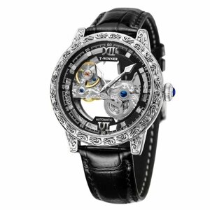 Наручные часы WINNER winner Новейшие золотые прозрачные наручные часы Кожаный скелетоны Пользовательские механические автоматические часы для мужчин, черный, серебряный