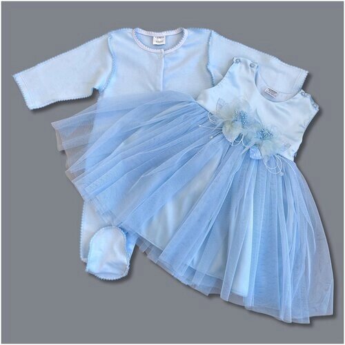 Нарядный комплект для девочки: комбинезон с платьем, голубой, Мадемуазель праздничный, нарядный 22 (68-74) 3-6 мес.