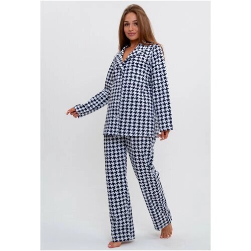 Пижама Modellini, жакет, брюки, застежка пуговицы, длинный рукав, пояс на резинке, стрейч, размер 52, голубой