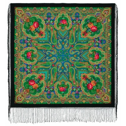 Платок Павловопосадская платочная мануфактура,148х148 см, зеленый, оранжевый