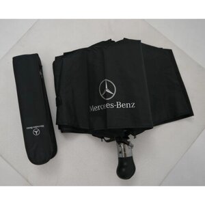 Зонт Mercedes-Benz, автомат, 3 сложения, купол 100 см, 9 спиц, ручка натуральная кожа, чехол в комплекте, черный