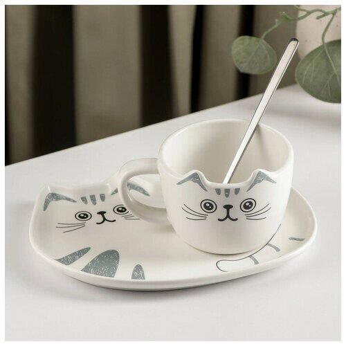 Чайная пара керамическая «Котик», 3 предмета: чашка 200 мл, блюдце 18,513,5 см, ложка