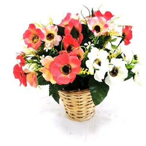 Искусственная Композиция цветочная Анемоны в плетеной вазе П-00-07 /Искусственные цветы для декора/Декор для дома