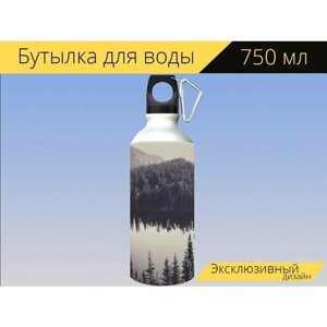 Бутылка фляга для воды "Канада, озеро, черное и белое" 750 мл. с карабином и принтом