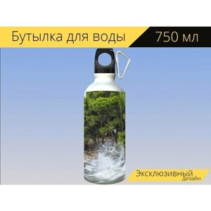 Бутылка фляга для воды "Море, волны, деревья" 750 мл. с карабином и принтом