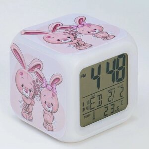 Часы электронные настольные "Зайка", подсветка, будильник, термометр, календарь, 8 х 8 см