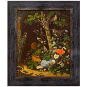 Картина маслом "Натюрморт с белкой, птицами и змеями" Леснов