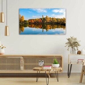 Картина на холсте 60x110 LinxOne "Облака озеро водоем лес осень" интерьерная для дома / на стену / на кухню / с подрамником
