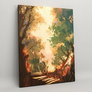 Картина на холсте (интерьерный постер) иллюстрация подвесной мост в лесу", с деревянным подрамником, размер 45x60 см