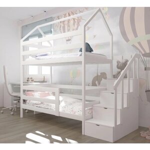 Кровать детская, подростковая "Двухъярусная с лестницей-комодом", 180х90, белая, из массива