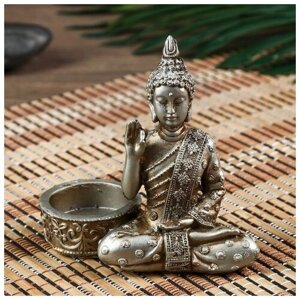 Нэцке полистоун под серебро подсвечник "Будда - медитация" микс 10,5х5,3х11 см