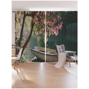 Шторы под лён JoyArty "Лодка под цветущим деревом", серия Oxford DeLux, 340х265 см