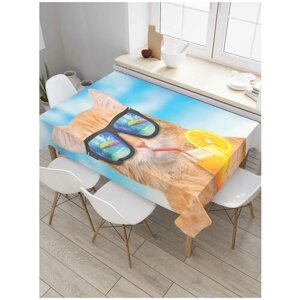 Скатерть прямоугольная JoyArty на кухонный стол "Кот на пляже" из оксфорда, 120x145 см
