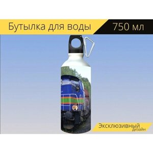 Бутылка фляга для воды "Паровоз, треки, рельс" 750 мл. с карабином и принтом