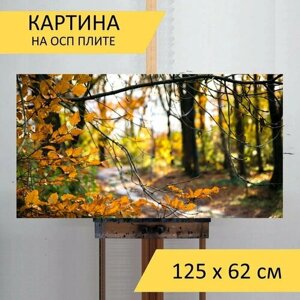 Картина на ОСП 125х62 см. Осень, лес, цвета" горизонтальная, для интерьера, с креплениями