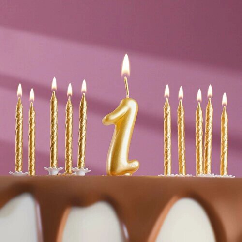 Набор свечей для торта (2 в 1) золотая Цифра "1"Свечи "С Днём Рождения" золотые 10 шт, 7 см 71508