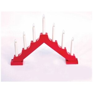 Свечи на красной деревянной подставке - горке, 7 ламп - свечек, 39х30 см, батарейки, SNOWHOUSE BIE1307