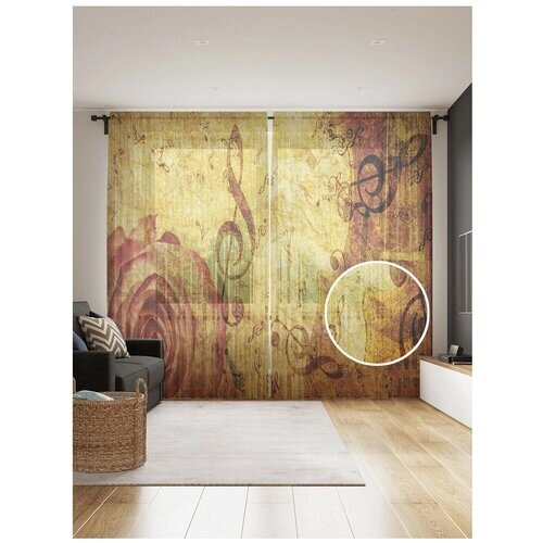 Тюль для кухни и спальни JoyArty "Цветочная композиция с нотами", 2 полотна со шторной лентой шириной по 145 см, высота 265 см.