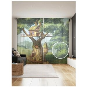 Тюль для кухни и спальни JoyArty "Жилье на дереве", 2 полотна со шторной лентой шириной по 145 см, высота 265 см.