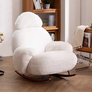 Кресло-качалка с пуфиком для ног белого цвета, плюшевая ткань