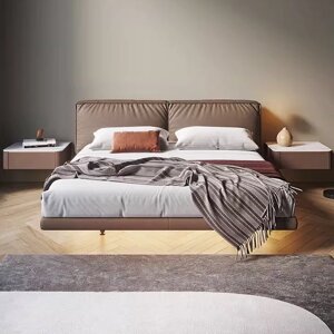 Кровать коричневого цвета с подсветкой, искусственная кожа