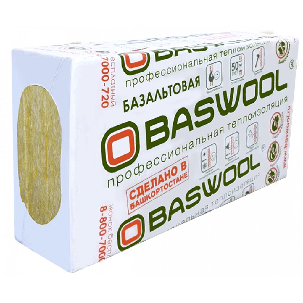 Плита теплоизоляционная BASWOOL ВЕНТ ФАСАД 80 НГ 100 мм 1200х600 мм 3 плиты, 2,16 м2, 0,216 м3 (32 уп/пал) от компании Строй Мир Крым. Симферополь. - фото 1