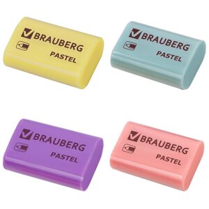 Ластик BRAUBERG Pastel, 37х24х11мм, ассорти пастельных цветов, экологичный ПВХ, 229582