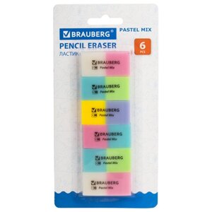 Набор ластиков BRAUBERG Pastel Mix, 6 шт., цвета ассорти, 44х21х10 мм, экологичный ПВХ, 229597