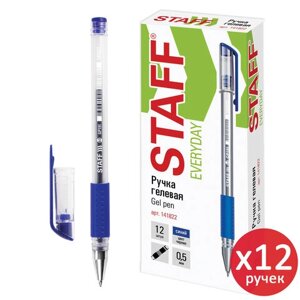 Ручка гелевая STAFF everyday GP-191, синяя, выгодный комплект 12 штук, линия письма 0,35 мм, с грипом, 880215