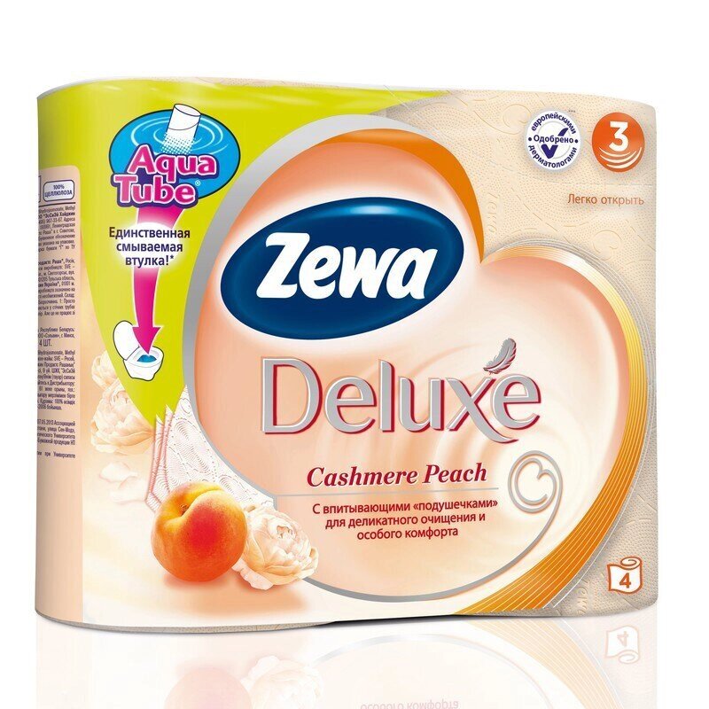Бумага туалетная Zewa Deluxe 3-слойная персиковая (4 рулона в упаковке) от компании Арсенал ОПТ - фото 1