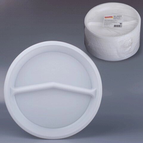 Одноразовые тарелки ЛАЙМА Бюджет, комплект 100 шт., пластиковые, 2-х секционные, d=220 мм, белые, ПС от компании Арсенал ОПТ - фото 1