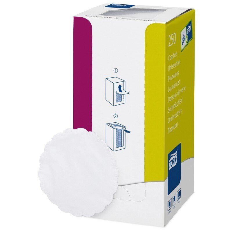 Подставки бумажные под чашки Tork 474474 (8-слойные, 9x9 см, белые с тиснением, 250 штук в упаковке) от компании Арсенал ОПТ - фото 1
