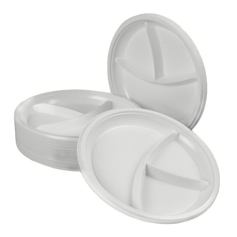 Тарелка одноразовая ПИК пластиковая белая 3-секционная 210 мм 100 штук в упаковке от компании Арсенал ОПТ - фото 1