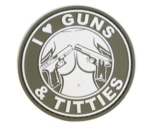 Шеврон "I love guns & Titties", PVC на велкро, 80x80 мм (белый на оливе)