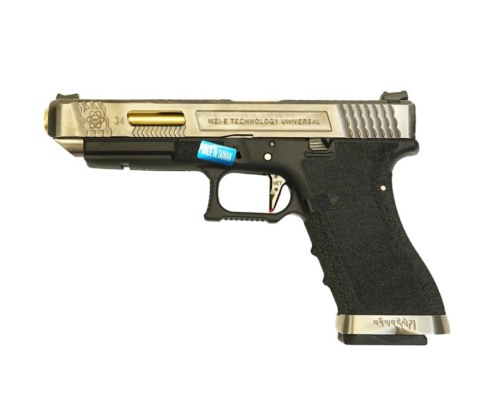 Страйкбольный пистолет WE Glock-34 G-Force, черная рамка, серебр. затвор, золот. ствол от компании Интернет-магазин Pnevmat24 - фото 1