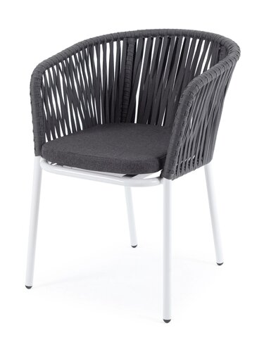Бордо стул (57х62х80см) плетеный из роупа, каркас алюминий белый шагрень, роуп серый 15мм, ткань темно-серая