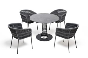 Диего обеденная группа (4 персоны) со стульями Бордо плетения колос, столешница серый гранит