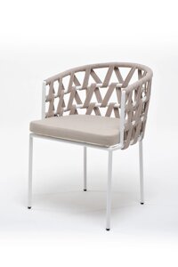 Диего стул (53х56х77см) плетеный из роупа, каркас стальной белый, роуп бежевый, ткань бежевая