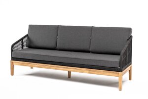 Канны диван 3-местный (203х70х75см) плетеный из роупа, основание дуб, роуп темно-серый, ткань темно-серая