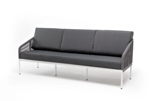 Канны диван 3-местный (203х75х70см) плетеный из роупа, каркас алюминий белый шагрень, роуп светло-серый круглый, ткань