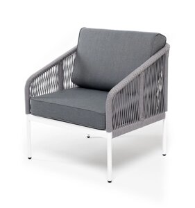 Канны кресло плетеное (70х70х75см) из роупа, каркас алюминий белый шагрень, роуп светло-серый круглый, ткань серая