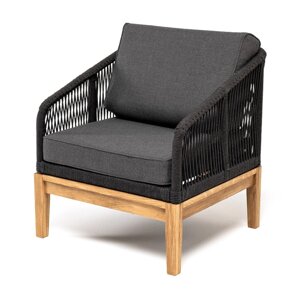 Канны кресло плетеное из роупа (веревки) (70х70х75см), основание дуб, роуп темно-серый, ткань серая