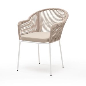 Лион стул (57х62х80см) плетеный из роупа (веревки), каркас стальной белый муар, роуп бежевый круглый, ткань бежевая
