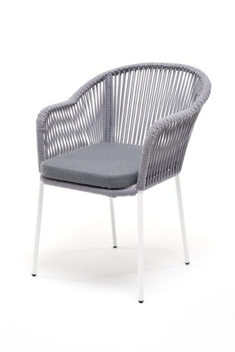 Лион стул (57х62х80см) плетеный из роупа (веревки), каркас стальной белый, роуп светло-серый круглый, ткань светло-серая