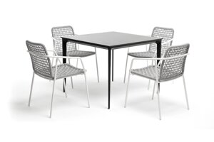 Малага обеденная группа (4 персоны) со стульями Тунис, каркас белый, роуп светло-серый
